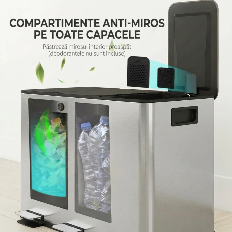 HOMCOM Coș de Gunoi cu 3 Compartimente de 20L cu Închidere Silențioasă, din Oțel Inoxidabil și PP, 61.9x36.6x56.7 cm