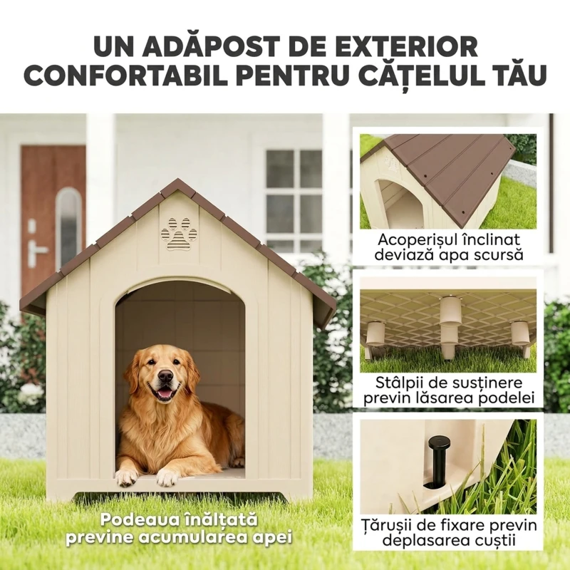 PawHut Căsuță pentru Câini de Exterior, Talie Medie și Mare, Căsuță din Plastic Impermeabilă cu Bază Ridicată, Ferestre și Acoperiș Înclinat pentru Grădină, Balcon, Terasă, 88x78x89 cm, Bej