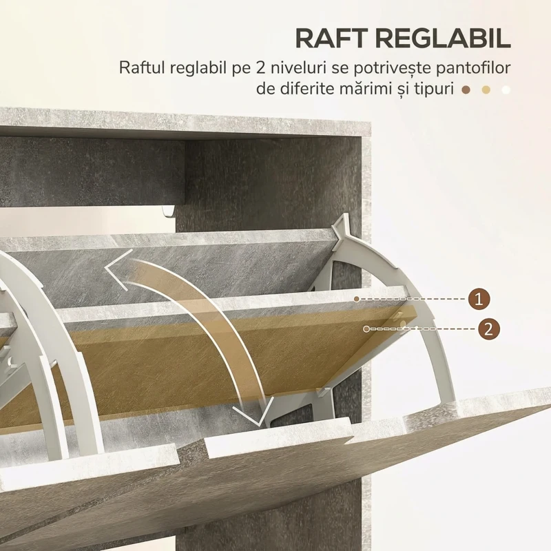 HOMCOM Dulap pentru încălțăminte cu 4 sertare rabatabile pe 2 niveluri pentru 16 perechi, din lemn, 95x26x95 cm, gri