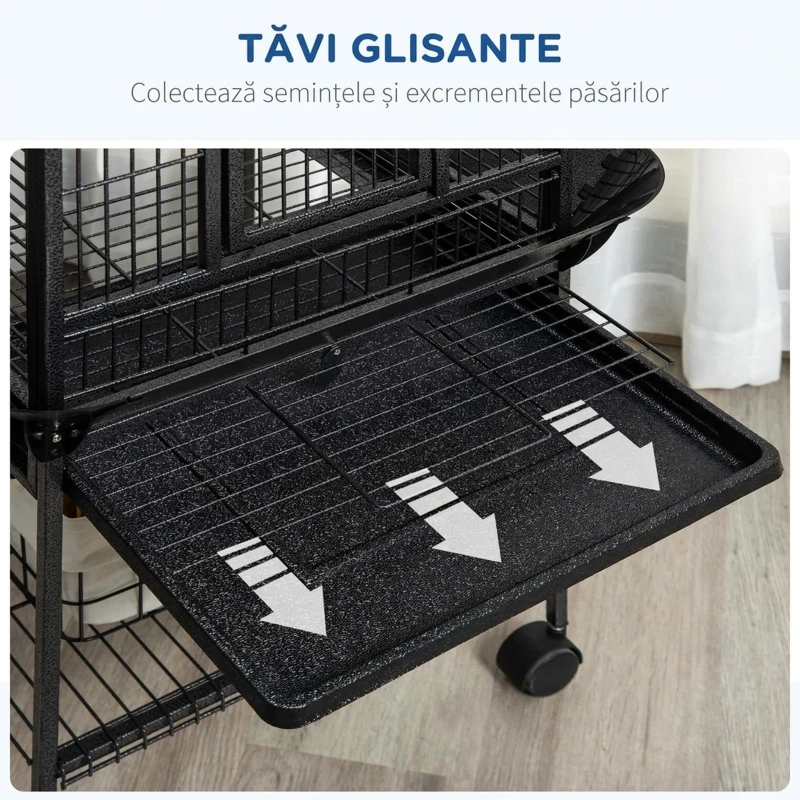 PawHut Colivie pentru Peruşi cu 2 Stinghii și Scară în Arc, din Oțel, 62,5x62,5x156 cm, Gri