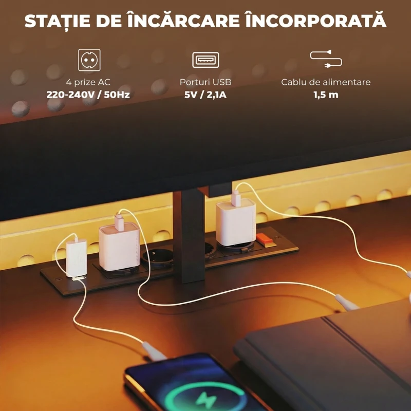HOMCOM Birou de Gaming Unghiular cu Hub de Încărcare, Lumină LED și Suport Monitor, din Lemn și Oțel, 192,5x80x86,5 cm, Negru