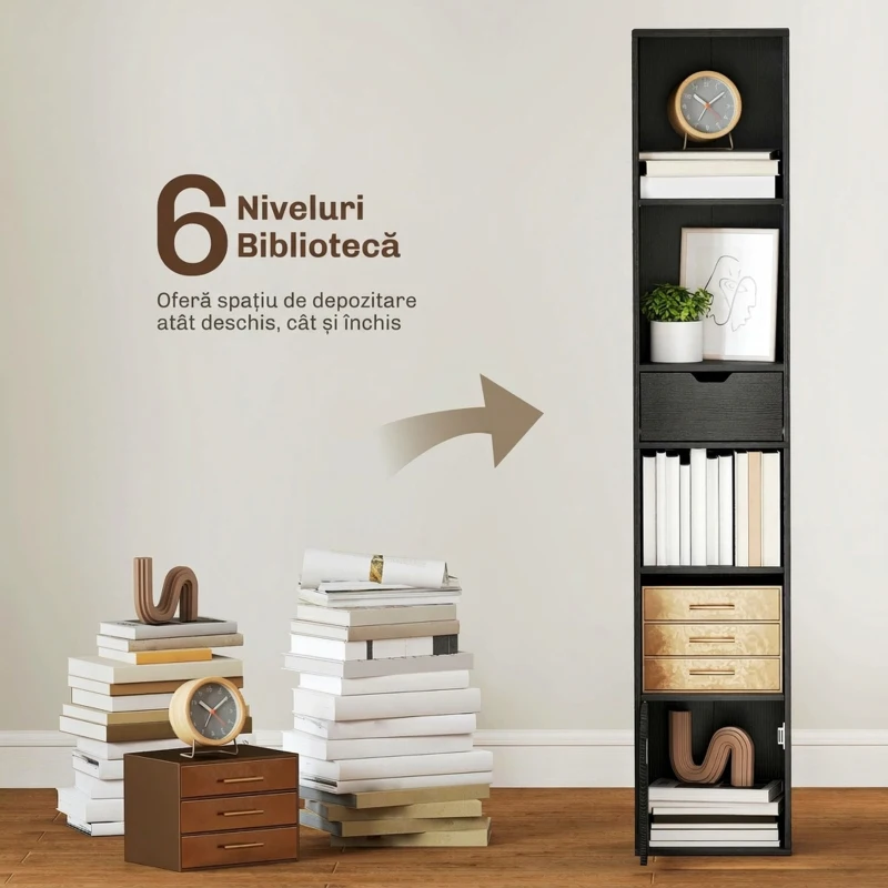 HOMCOM Bibliotecă cu 4 Rafturi Deschise, Dulap și Sertar, 30x24x158 cm, Negru