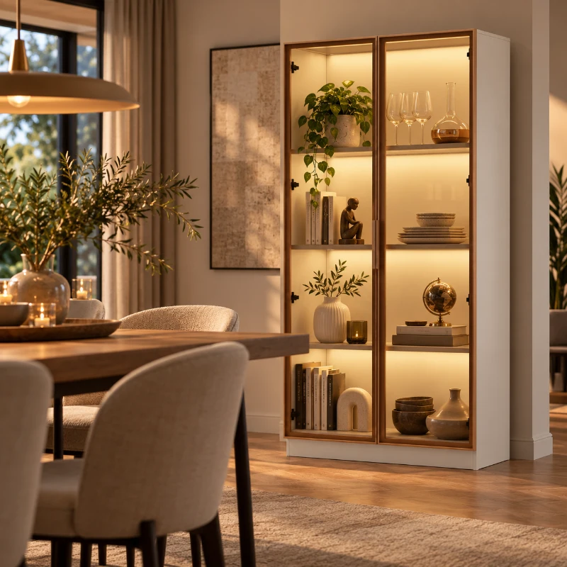 Glasvitrine dubbeldeurs met 16-kleurige LED-verlichting, 2 verstelbare planken en 1 vaste plank, bruin glasdetail, ideaal voor verzamelobjecten, spaanplaat met kabeldoorvoer, 80X40X160 cm, wit