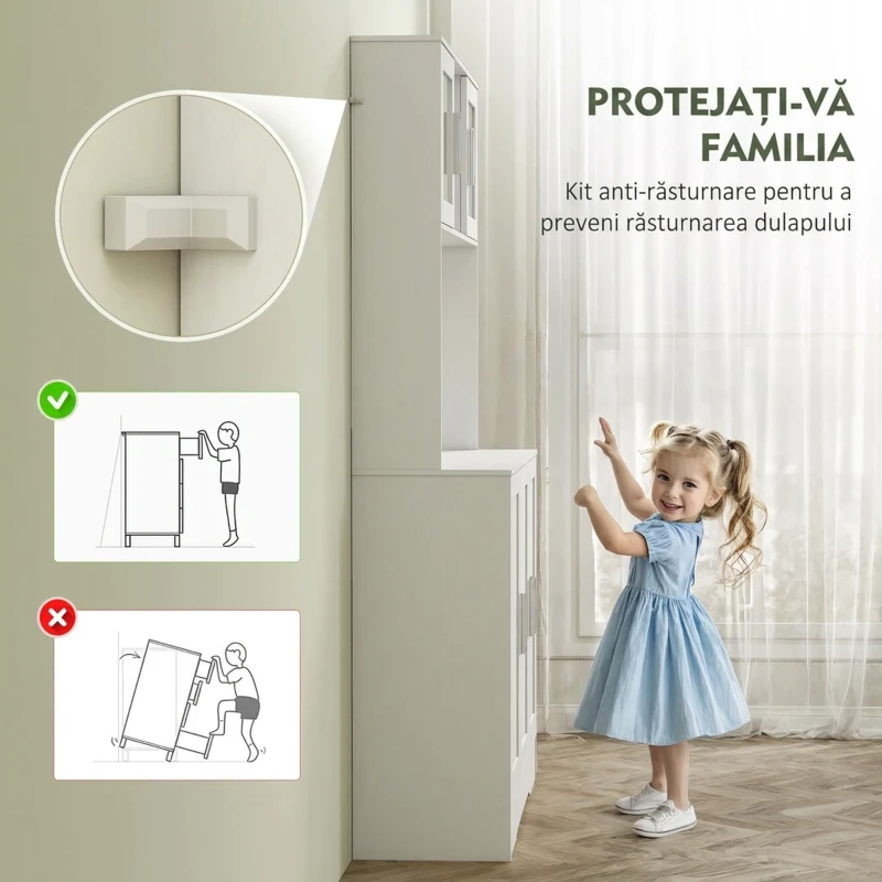 HOMCOM Servantă de Bucătărie înaltă de 180 cm, Dulap Dispensa cu 4 Dulapuri, Uși din Sticlă Securizată, 2 Rafturi Deschise, Rafturi Reglabile, Blat pentru Cuptorul cu Microunde, pentru Sala de Prânz sau Living, Alb