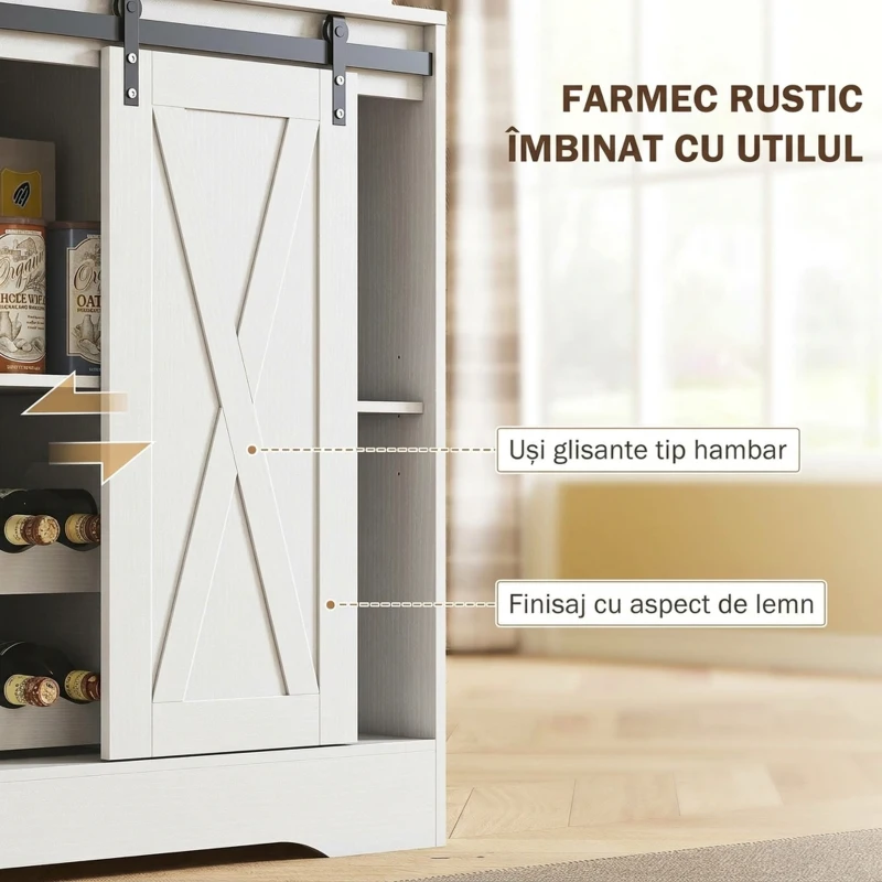 HOMCOM Bufet Bucătărie cu Prize Electrice, Lumină LED, Suport pentru Sticle și Uși Glisante, 100x38x180 cm, Alb