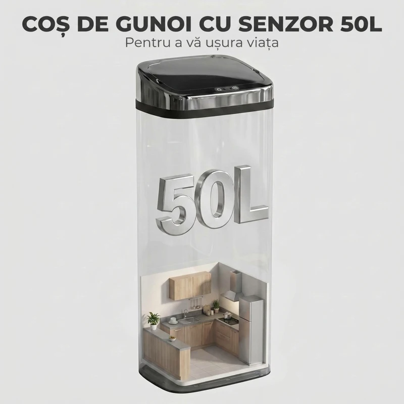 HomCom cos de gunoi din inox cu senzor si infrarosu, 50L | Aosom Ro(m-15)