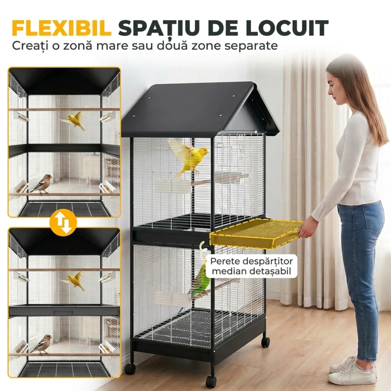 PawHut Colivie Mare pentru Păsări cu Roți, Stinghii, Acoperiș și Hrănitori, pentru Papagali și Canari, Negru