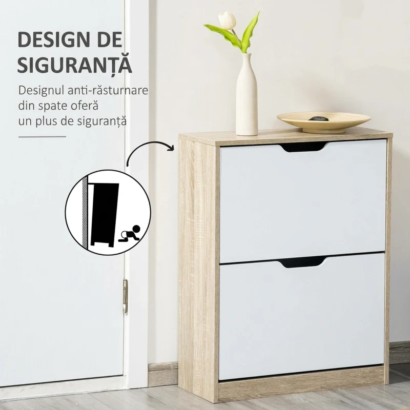 HOMCOM Dulap pentru Pantofi Slim, Economisitor de Spațiu, cu 2 Sertare pentru 8 Perechi de Pantofi, 62.5x26x81 cm, Lemn și Alb