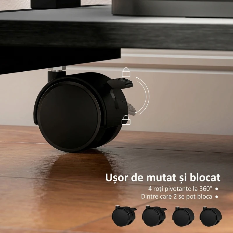 HOMCOM Birou PC cu Sertar Glisant, 2 Rafturi și 4 Roți, din Lemn și Metal, 56x51x79 cm, Negru