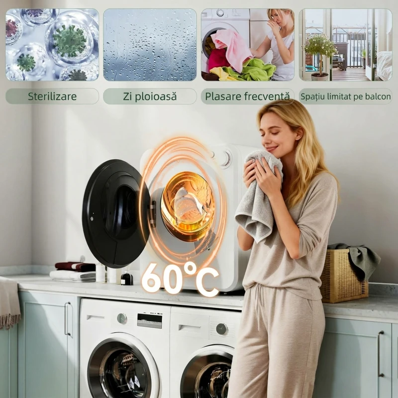 HOMCOM Mini Uscător de Rufe Portabil, Capacitate 2.5 kg, 5 Programe, 800/400 W, Tambur din Oțel Inoxidabil, Alb
