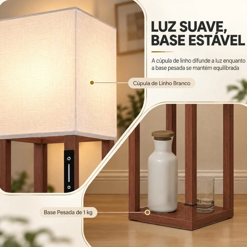 HOMCOM Candeeiro de Pé com 3 Prateleiras LED Regulável Controlo Tátil e Remoto Abajur em Tecido Lâmpada Incluída Castanho