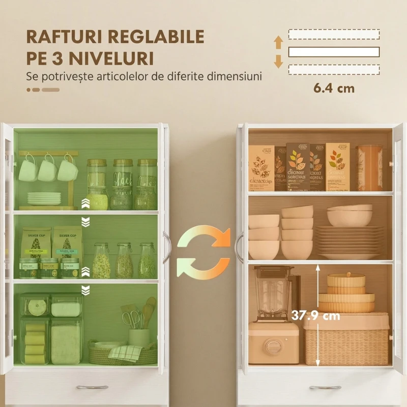 HOMCOM Bufet de Bucătărie cu 2 Dulapuri și un Sertar, Rafturi Reglabile și Uși din Sticlă, 60x35x180 cm, Alb