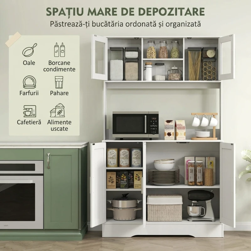 HOMCOM Servantă de Bucătărie înaltă de 180 cm, Dulap Dispensa cu 4 Dulapuri, Uși din Sticlă Securizată, 2 Rafturi Deschise, Rafturi Reglabile, Blat pentru Cuptorul cu Microunde, pentru Sala de Prânz sau Living, Alb