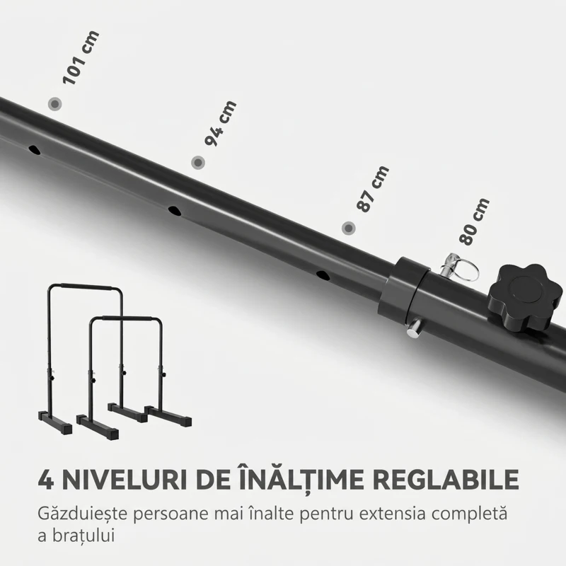 SPORTNOW Set 2 Bare pentru Dips Reglabile pe 4 Niveluri de Înălțime, cu Mânere Antialunecare, Oțel, 70x50x80-105 cm, Negru