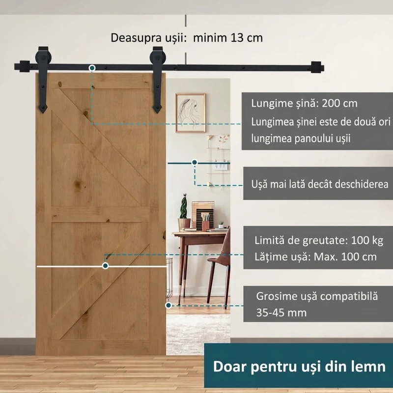 HOMCOM Kit pentru ușă culisantă în stil rustic cu șină de 200cm și role, negru