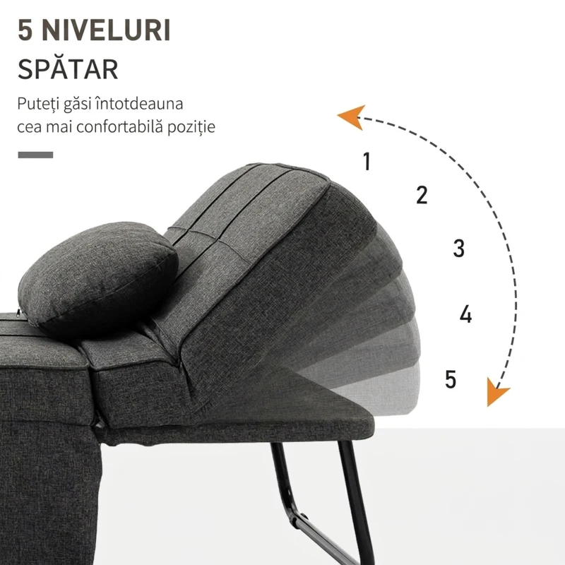 HOMCOM Fotoliu Pat 4 în 1 cu Spătar Reglabil și Pernă din Material Textil cu Aspect de In, 95x179x78 cm, Gri(m-5)