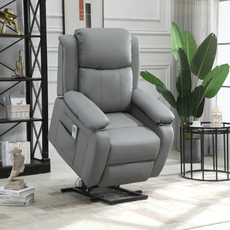 HOMCOM Riser and Recliner Chair with Massage, PU Leather Power Electric Lift Chair for Elderly with High Back, Grey