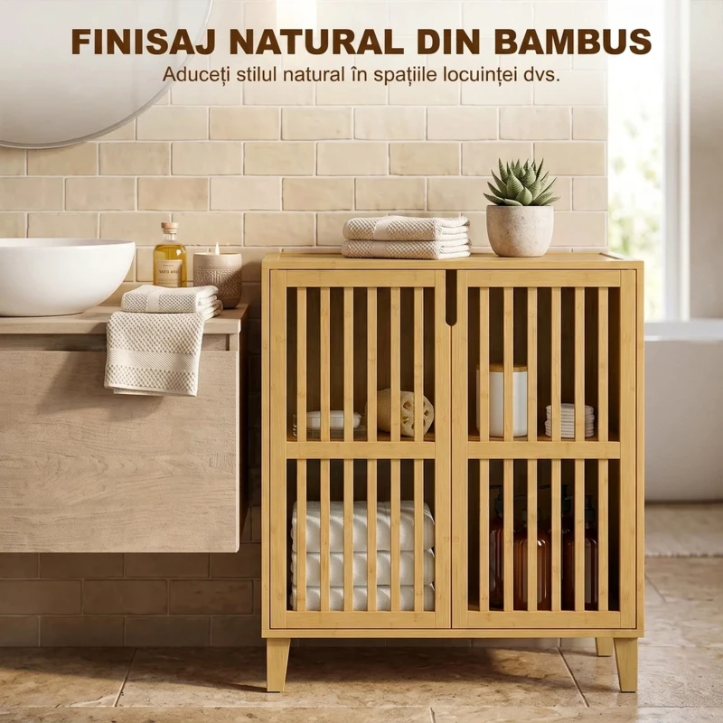HOMCOM Dulăpior de Baie Îngust din Bambus cu Raft Reglabil, Natural