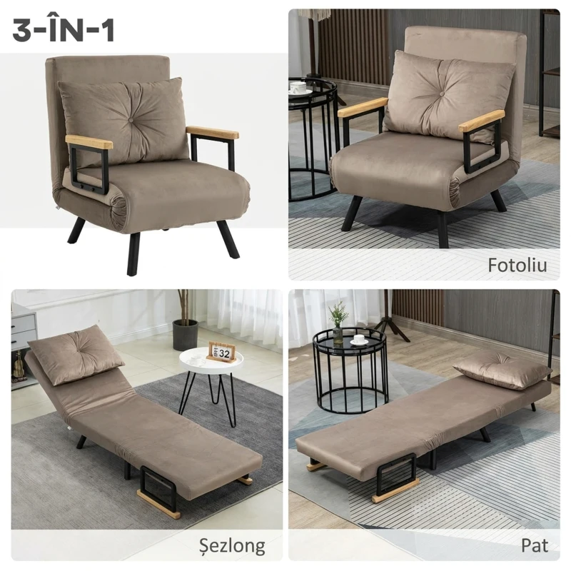 HOMCOM Fotoliu Pat 3 în 1 cu Spătar Reglabil pe 5 Niveluri și Pernă, 63x73x81 cm, Gri(m-4)