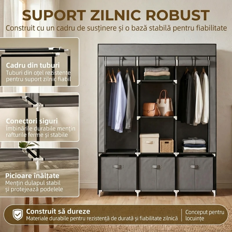 HOMCOM Dulap pliabil din material textil cu sertare și uși rulabile cu fermoar, 125x43x162,5cm, gri închis