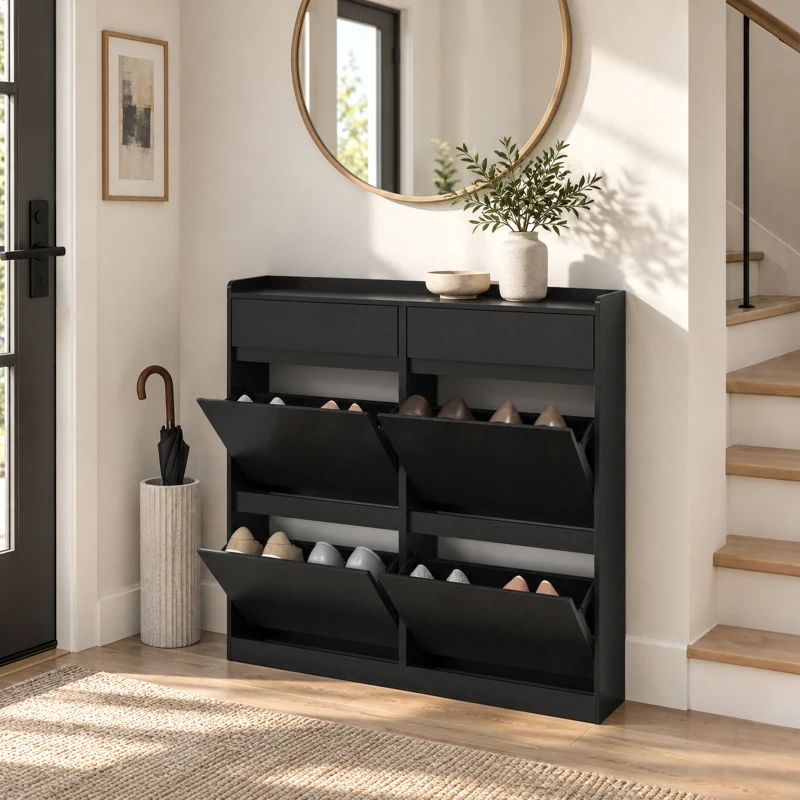 HOMCOM Zapatero Slim en Madera con 4 Cajones Abatibles y 2 Cajones Deslizantes, 98x19.2x95.3 cm, Negro