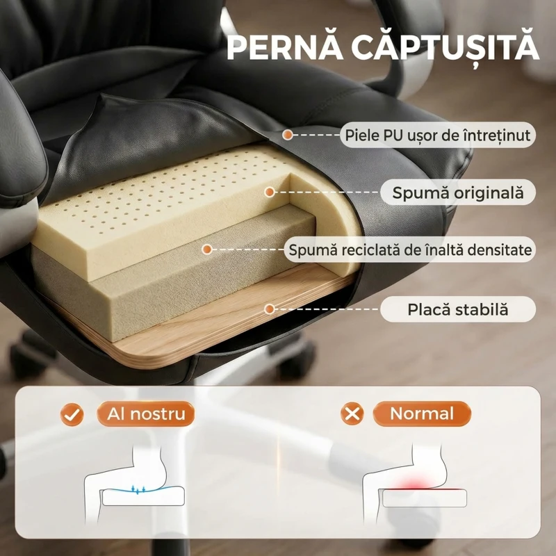 HOMCOM Scaun de Birou Ergonomic Rotativ din Piele PU, Funcție Legănare, Înălțime Reglabilă, Capacitate 120kg, Negru