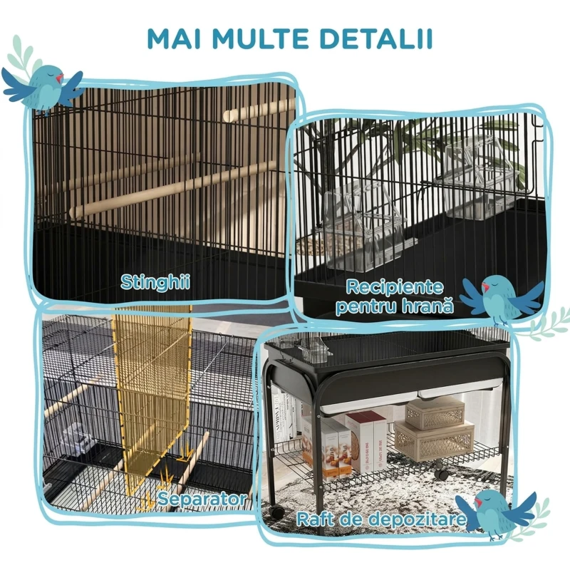PawHut Colivie de interior pentru păsări cu tavă, raft și roți cu frână, 85x49x119 cm, negru