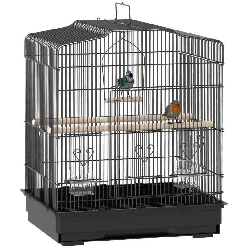 PawHut Cage pour Petits Oiseaux Portable avec Poignée, Plateau Amovible et 5 Portes, Perchoirs et Balançoire, Noir