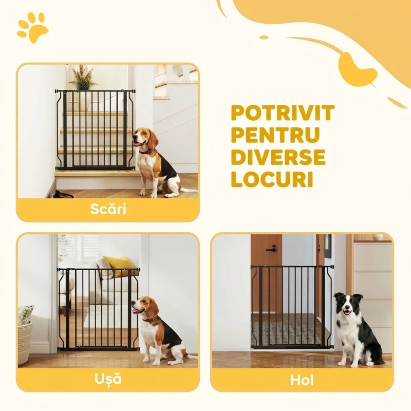 PawHut Poartă Extensibilă și Reglabilă pentru Câini, pentru Scări și Uși, din Oțel și ABS, 75-85x76 cm, Neagră