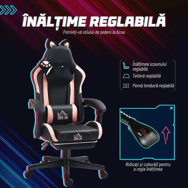 HOMCOM Scaun de Gaming Reclinabil cu Suport pentru Picioare și Perne, din Piele Ecologică și Spumă, 65x62x116-124 cm, Roz și Negru