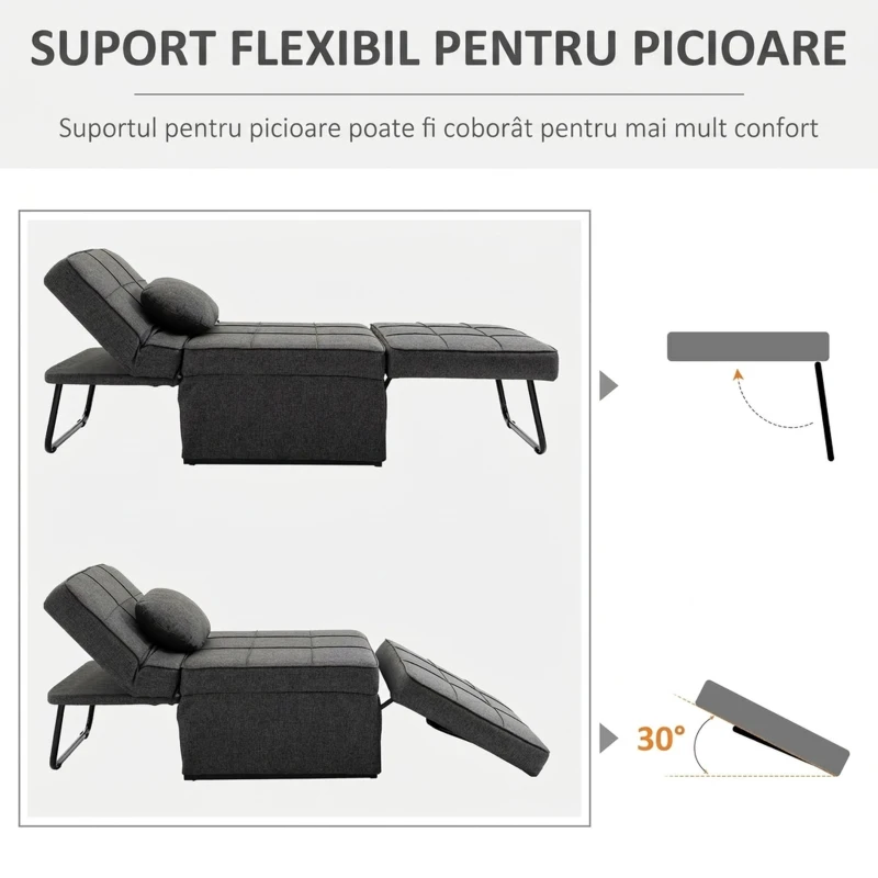 HOMCOM Fotoliu Pat 4 în 1 cu Spătar Reglabil și Pernă din Material Textil cu Aspect de In, 95x179x78 cm, Gri(m-6)
