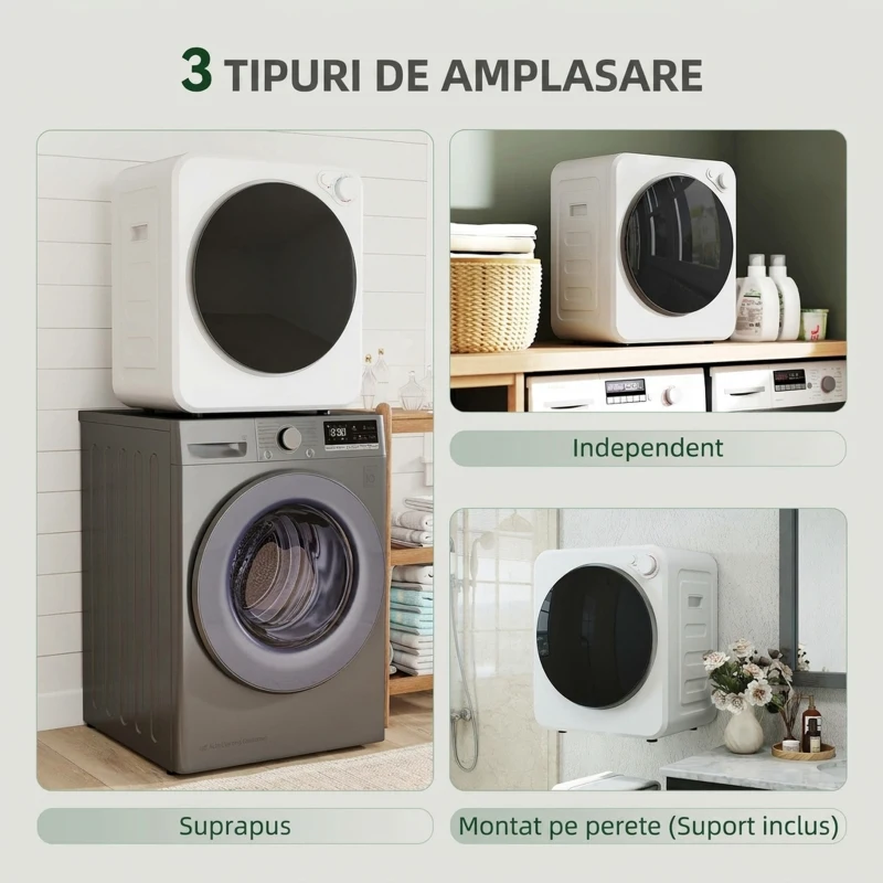 HOMCOM Mini Uscător de Rufe Portabil, Capacitate 2.5 kg, 5 Programe, 800/400 W, Tambur din Oțel Inoxidabil, Alb