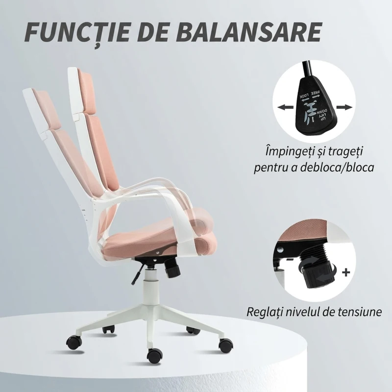 Scaun de Birou HOMCOM în Material Textil cu Balans, Înălțime Reglabilă și Scaun Rotativ, 63x63x117-127 cm, Roz