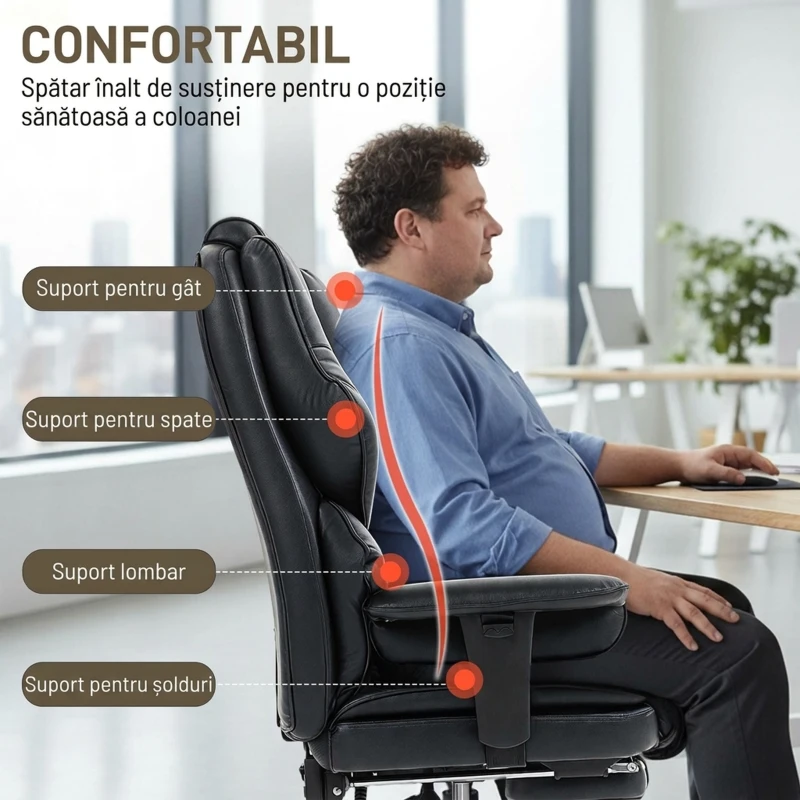 HOMCOM, Scaun de Birou, cu Suport pentru Picioare și Tetieră, din Piele PU, Spumă și Metal, 76x73x117-125 cm, Negru