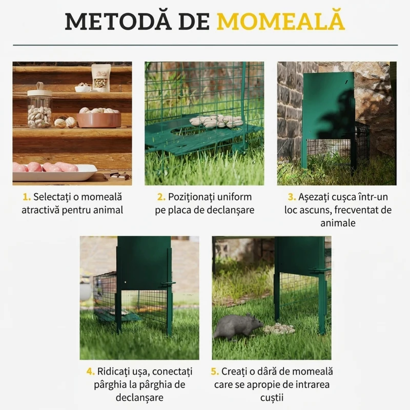 Outsunny Cușcă Capcană pentru Animale Mici cu O Ușă și Mâner, 80x25x30 cm, Verde Închis