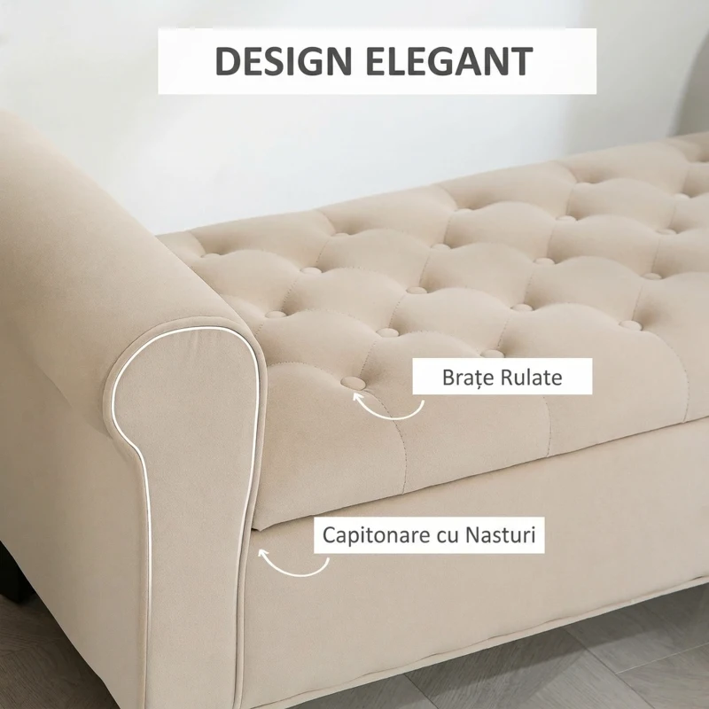 HOMCOM Bancă Dormitor cu Compartiment de Depozitare și Cotiere Rulate, 126x48.5x57 cm, Bej