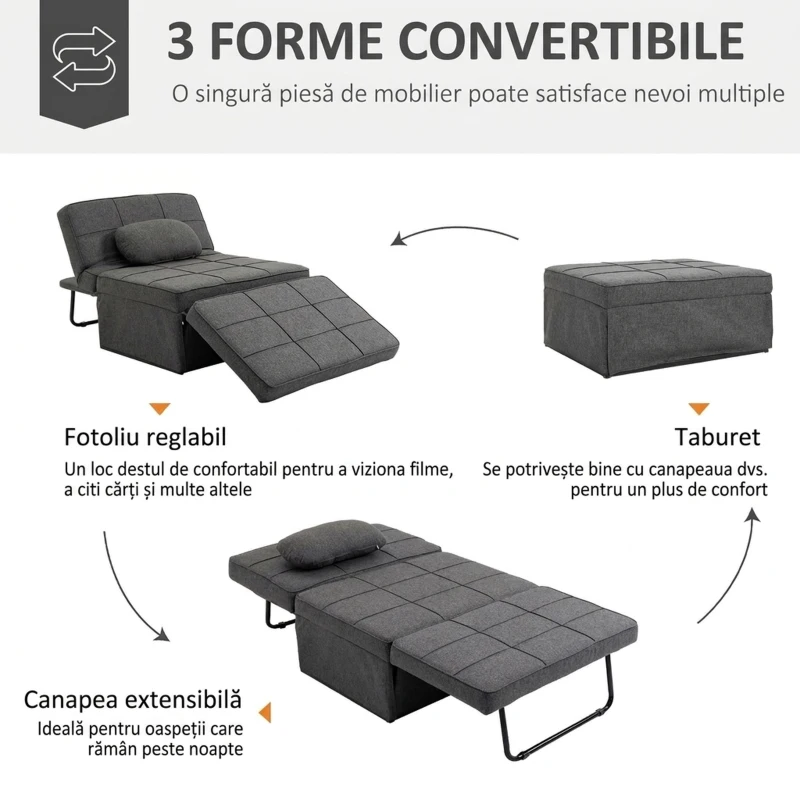 HOMCOM Fotoliu Pat 4 în 1 cu Spătar Reglabil și Pernă din Material Textil cu Aspect de In, 95x179x78 cm, Gri(m-4)