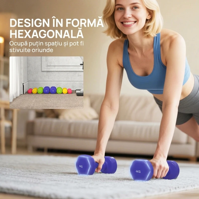 HOMCOM Set 4 Gantere Hexagonale de 20 kg în Total din Oțel și PU de la 1 la 4 kg, Multicolor