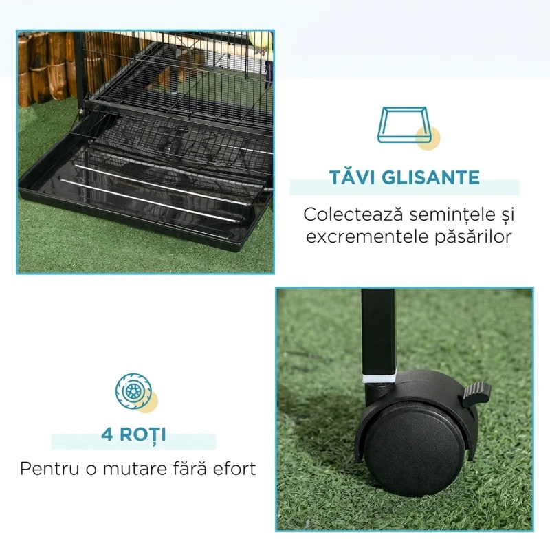 PawHut Colivie Volieră pentru Păsări de Interior cu Roți și Tăvi Detasabile, 51.5x50x140 cm, Negru
