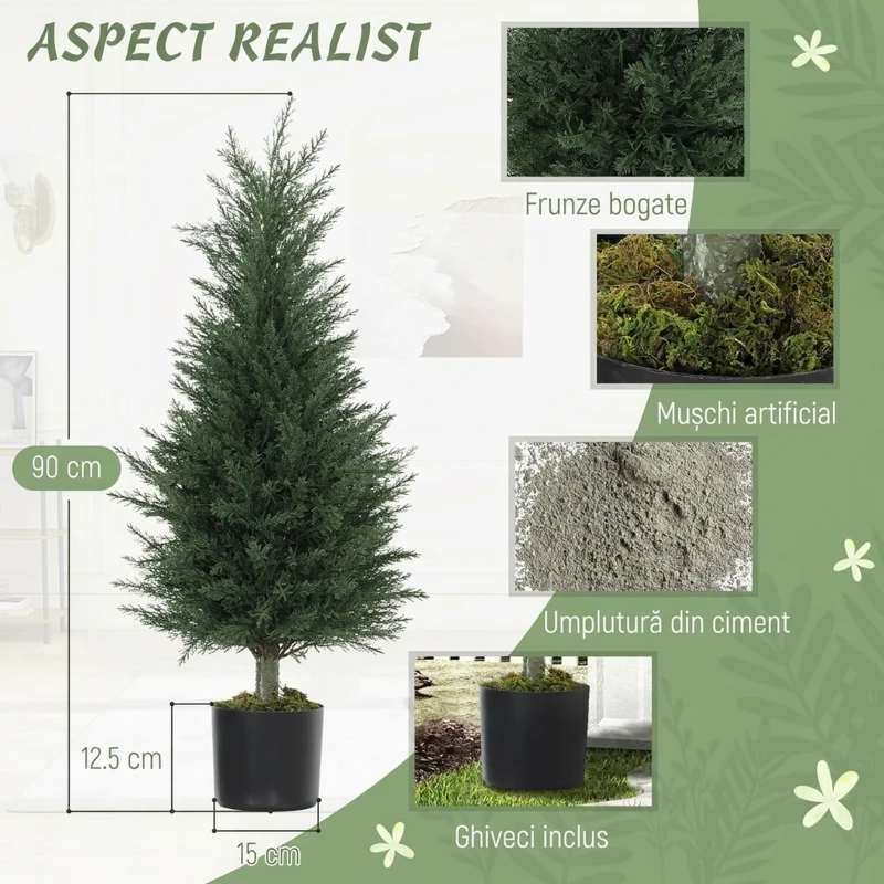 Outsunny Set 2 Plante Artificiale de Chiparos cu 362 Frunze și Ghiveci cu Ciment și Mușchi, Plante Rezistente la UV, Ø40x90 cm, Verde