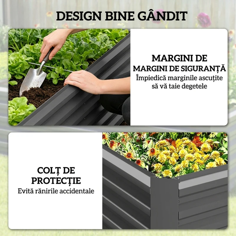 Outsunny Strat Ridicat pentru Grădină cu Bază Deschisă și Margini Rotunjite, 180x90x57,5 cm, Gri Închis