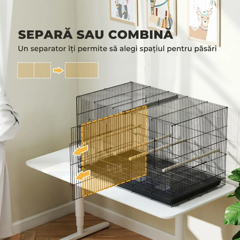 PawHut Colivie pentru Păsări cu Separator și Raft Inferior pentru Depozitare, din Oțel și PP, 94x57x57 cm, Negru