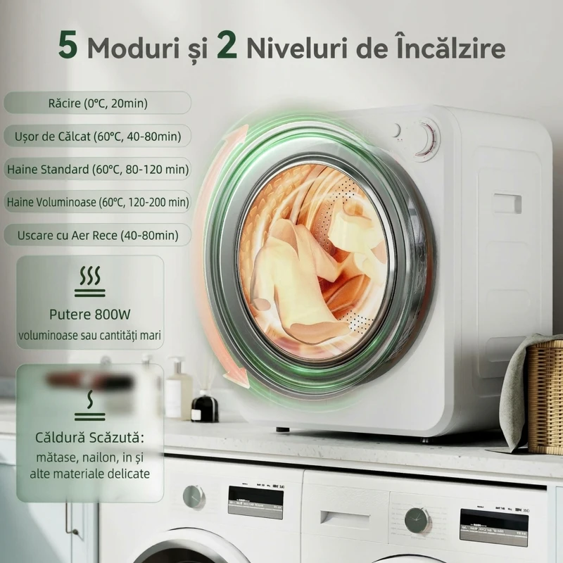 HOMCOM Mini Uscător de Rufe Portabil, Capacitate 2.5 kg, 5 Programe, 800/400 W, Tambur din Oțel Inoxidabil, Alb