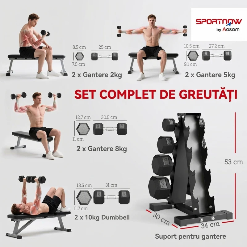 SPORTNOW Set Gantere Hexagonale pentru Sală cu Suport și Mânere Antialunecare, 2x2kg, 2x5kg, 2x8kg, 2x10kg, Negru