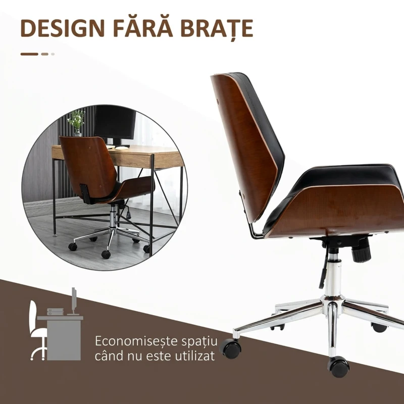 Vinsetto Scaun de Birou Vintage Tapițat, din Piele Ecologică, Lemn și Oțel, 53x60x86-96 cm, Negru și Maro Închis