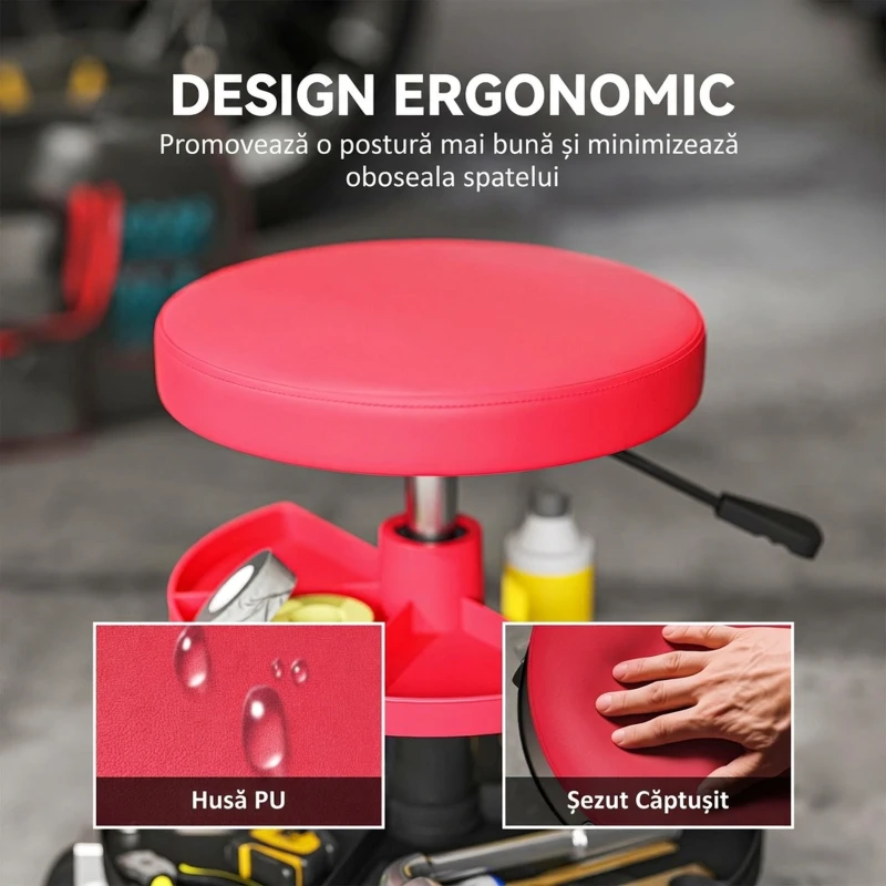 HOMCOM Scaun de Atelier cu Roți de 6 cm, Capacitate până la 135 kg, Înălțime Reglabilă 40-51 cm, cu Tăvi pentru Scule, Roșu