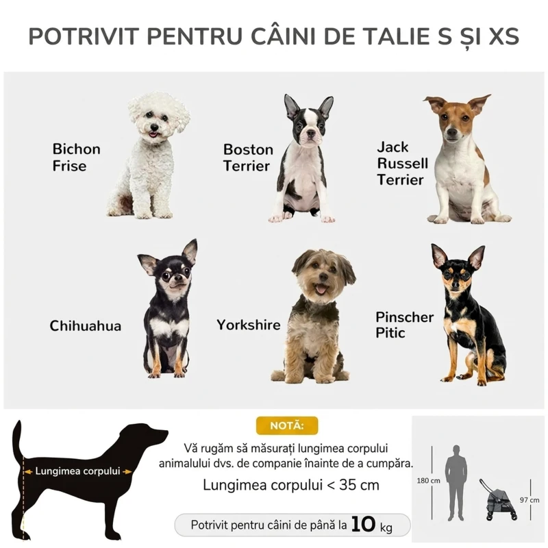 PawHut Cărucior pliabil pentru câini cu copertină reglabilă, geantă și 2 lese, 82x47x97 cm, gri și negru