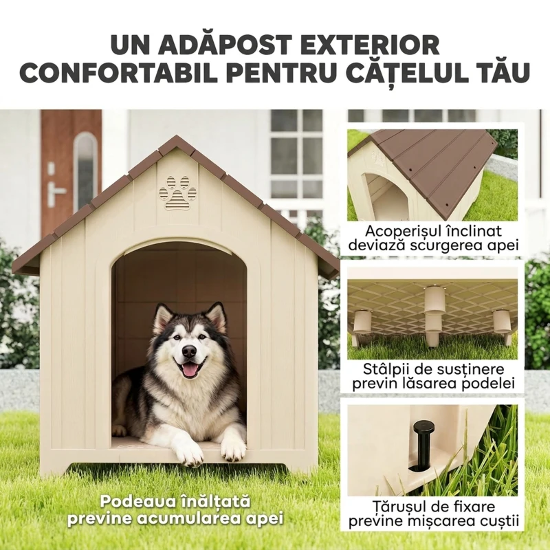 PawHut Căsuță pentru câini de exterior, talie mare și XL, căsuță din plastic impermeabil cu bază ridicată, ferestre și acoperiș înclinat pentru grădină, curte, terasă, casă, 102x94x103 cm, Bej