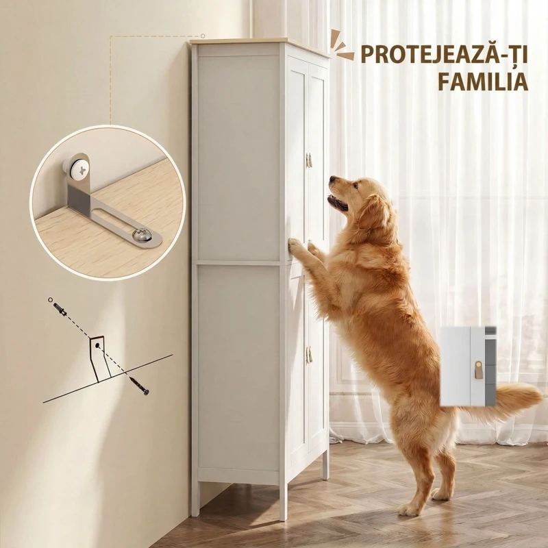 HOMCOM Bufet Înalt de Bucătărie, Dulap cu Lumină LED, Reglabil în 3 Culori, Rafturi Ajustabile, Alb