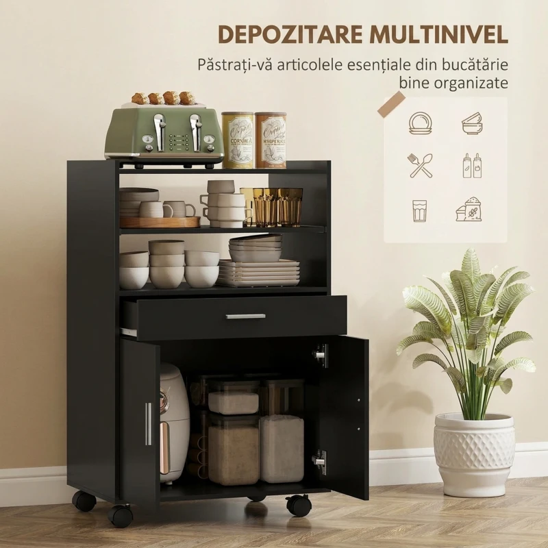 HOMCOM Dulap pentru microunde din lemn cu sertar, dulap cu 2 uși și 2 rafturi, 59x40x92 cm, negru